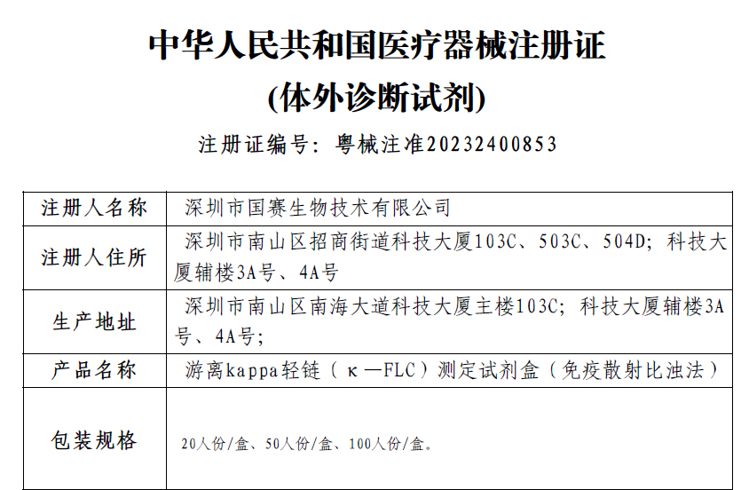 喜讯！BetWay必威生物游离轻链测定试剂盒获证！